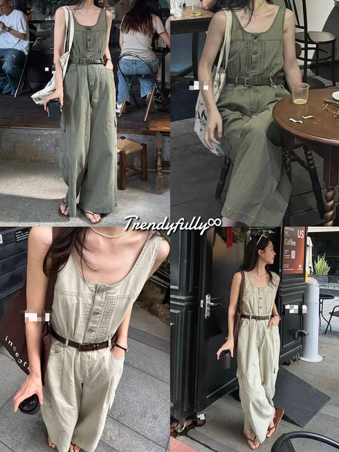Wide Neck Sleeveless Belted Loose-wear Jumpsuit